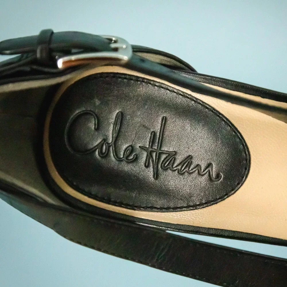 Cole Haan Size 8 Carma Black Leather Strappy Slip On High Heel Pumps Sandals